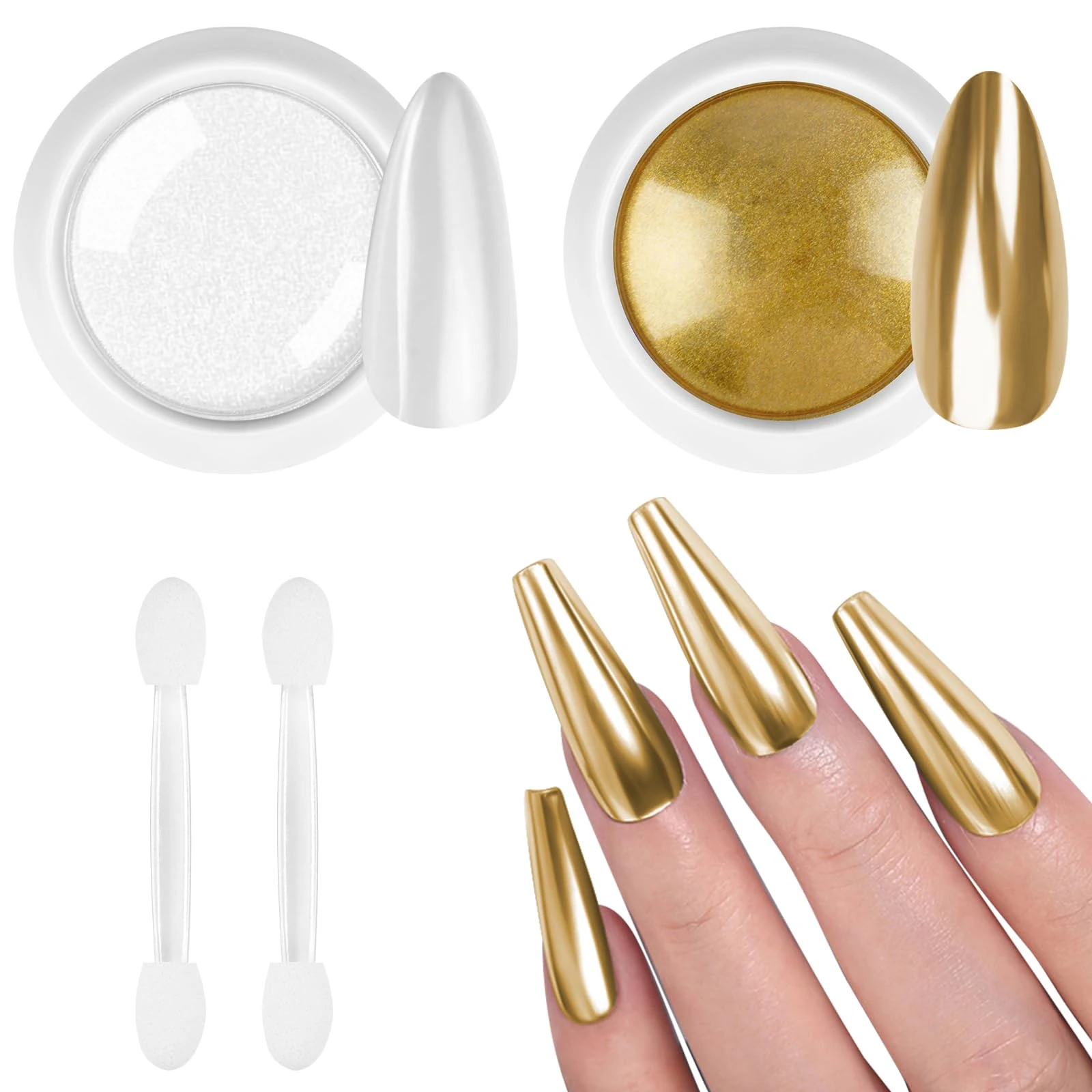BUTBU 2PCS Chrome Nail Powder, White Pearl and Gold Nail Chrome Powders, Metallic Mirror Effect Pigment Nails Powder, Glitter Metal Powders for DIY Nail-Art Design Decoration