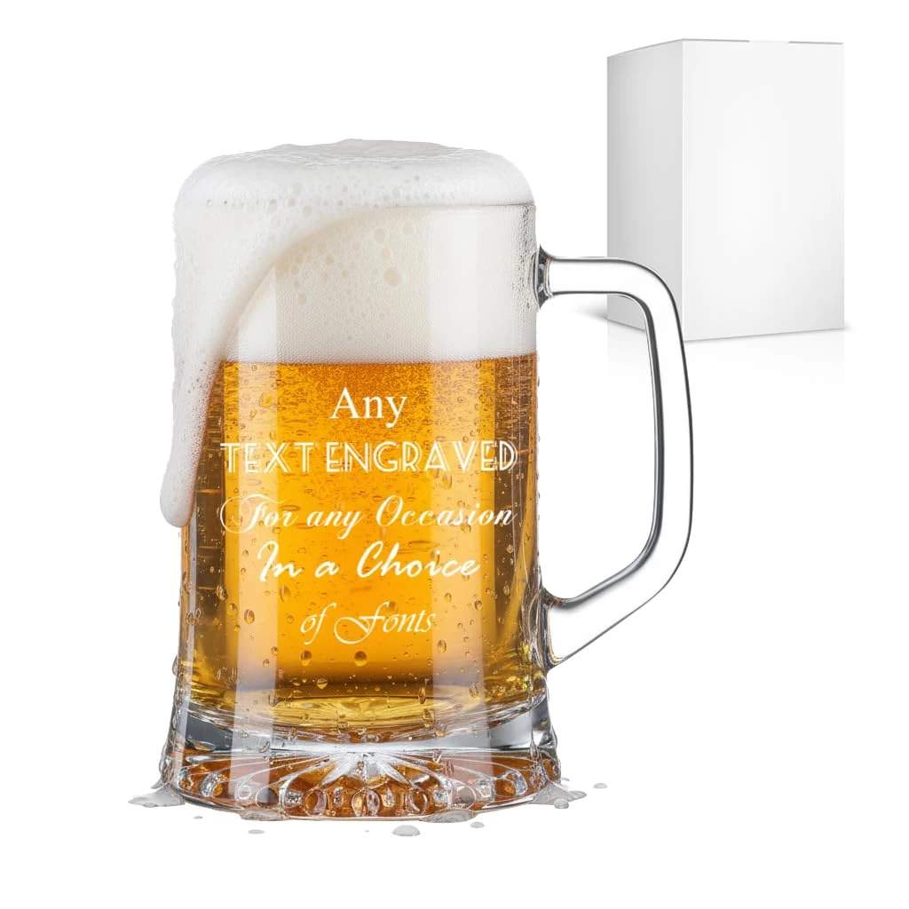 ukgiftstoreonline Personalised Engraved Glass Beer Stein, Personalise with Any Message for Any Occasion, Customise with a Variety of Fonts, Laser Engraved, Gift Box Included