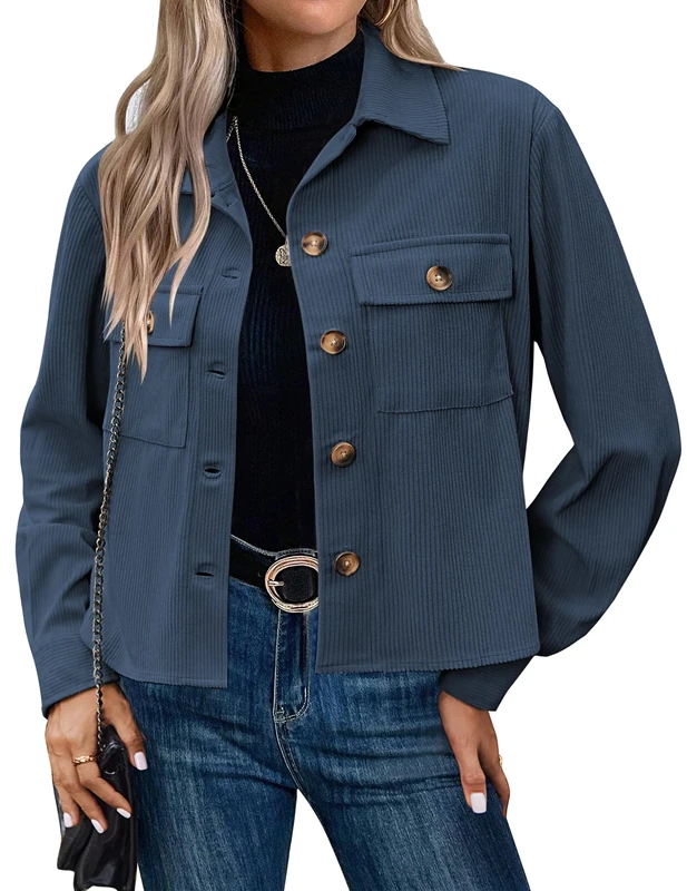 HOTOUCH Ladies Jacket Corduroy Shacket Button Down Cropped Jackets Womens Light Weight Bomber Jacket Coat Tops Blue Size 8