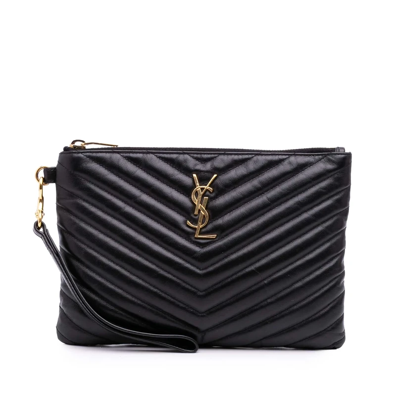 Yves Saint Laurent Pre-Loved Chevron Leather Monogram Zip A5 Wristlet Pouch