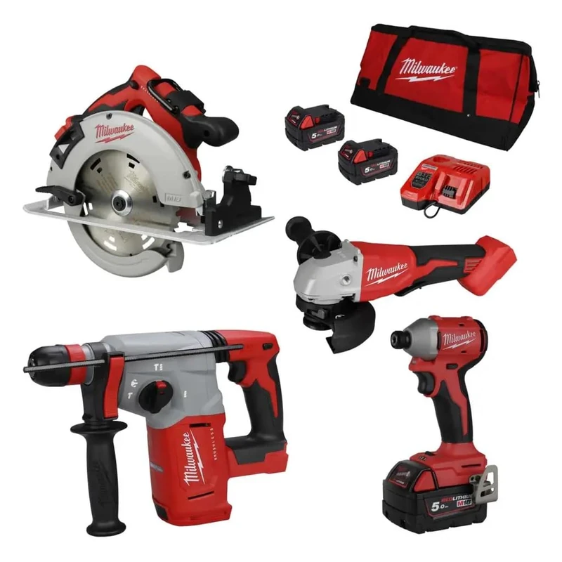 Milwaukee M18BLPP4A2-503B 18V Brushless Cordless Tools Set – 4-Piece, 3 x 5.0Ah Batteries + Charger + Bag - Image 1