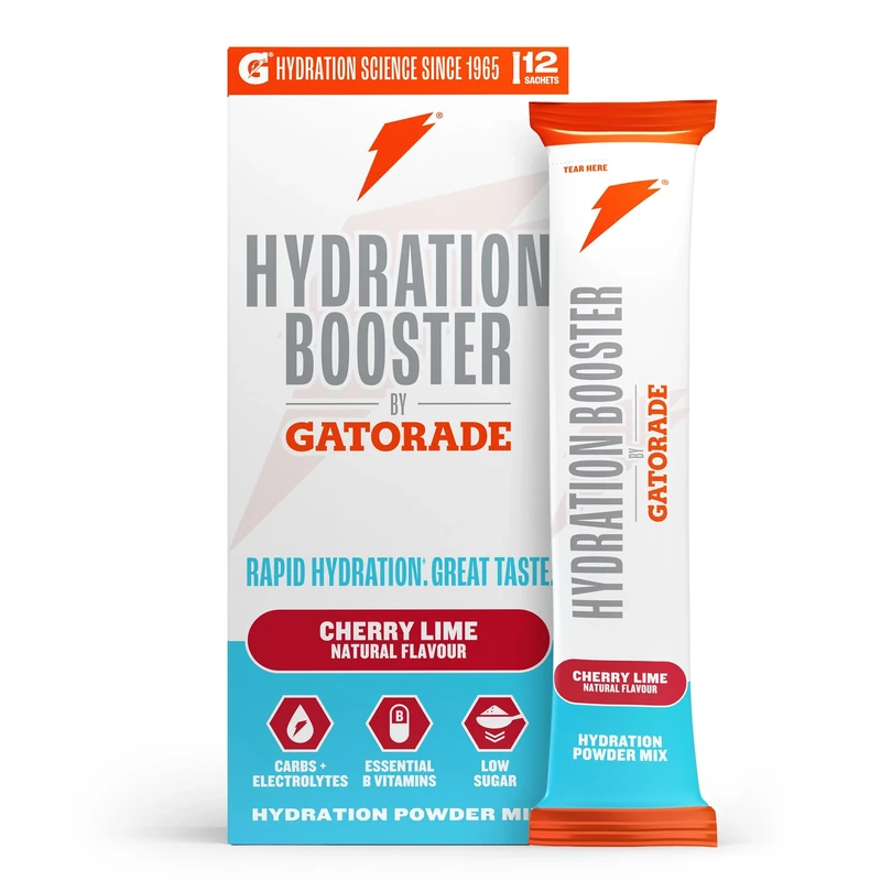 Hydration Booster by Gatorade Carbohydrate-Electrolyte Sachets - Hydration Powder Drink Mix with Carbohydrates, Electrolytes and B Vitamins (Cherry Lime, 12 Servings)