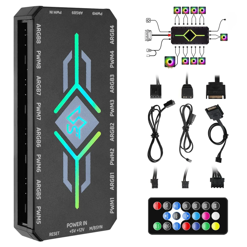 Lyai 2-in-1 ARGB PWM Fan Hub with Controller, 9 Ports 4-Pin PWM Fan Connector, 9 x 5V 3-Pin ARGB Controller, RGB Fans Hub for PC Case with Magnetic Base SATA Power Remote, Adjustable Speed