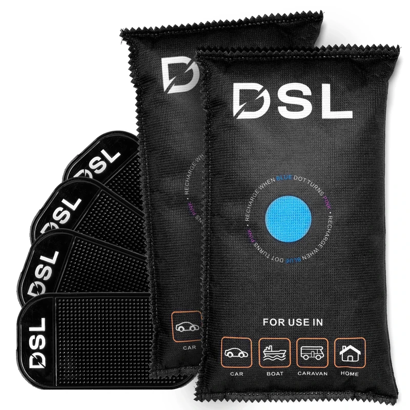 DSL Reusable Car Dehumidifier Bags 2 Pack x 1kg – Microwave Reactivated Dehumidifier Bags with 4 Anti-Slip Pads – Moisture Fog Absorber & Condensation Remover for Cars, Vans, Caravans & Home