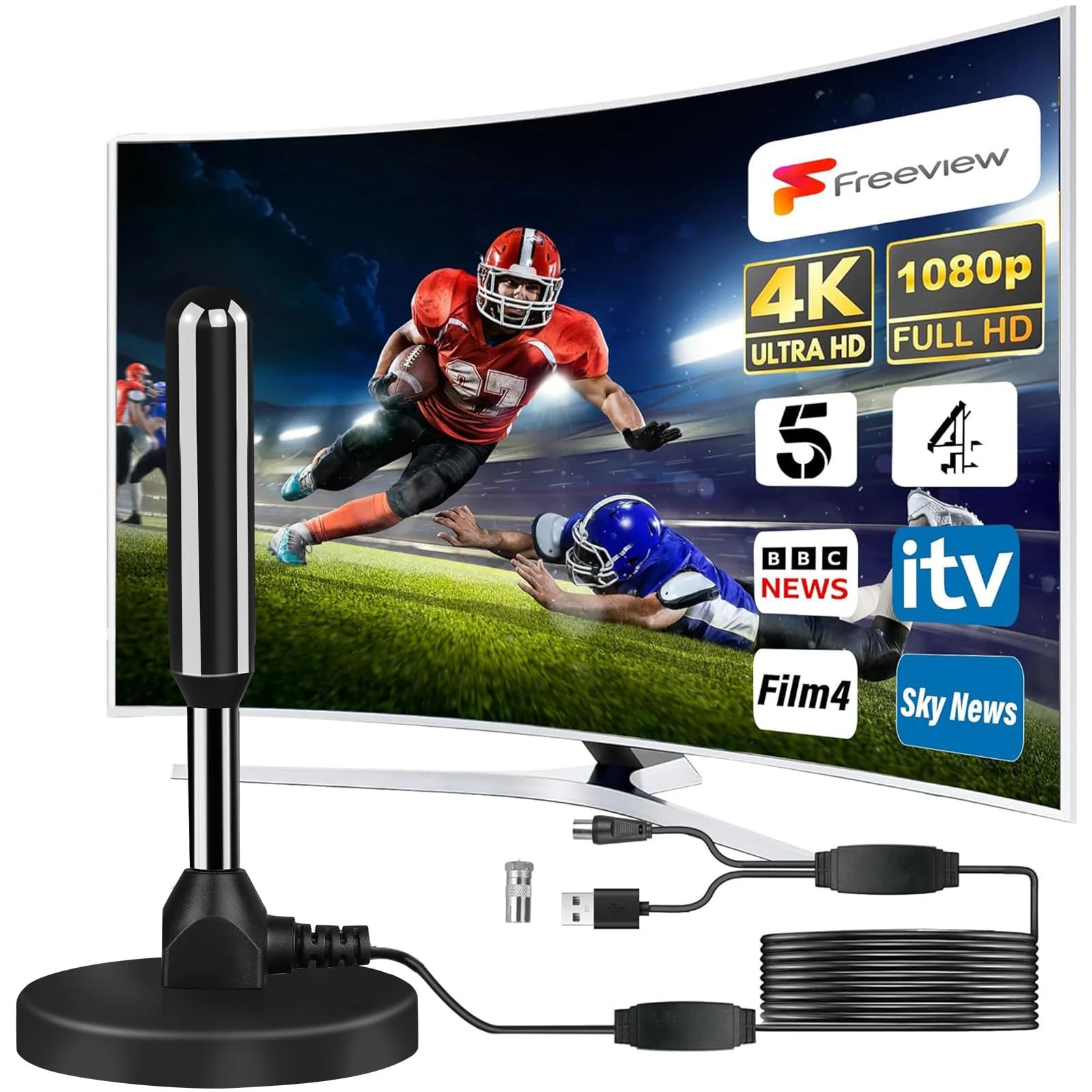 Indoor TV Aerial 500KM Range, 360° Signal Reception, Freeview HD Aerial for Smart TV, Plug & Play Setup, Strong Signal Booster, No Monthly Fees – Indoor Digital TV Antenna UK