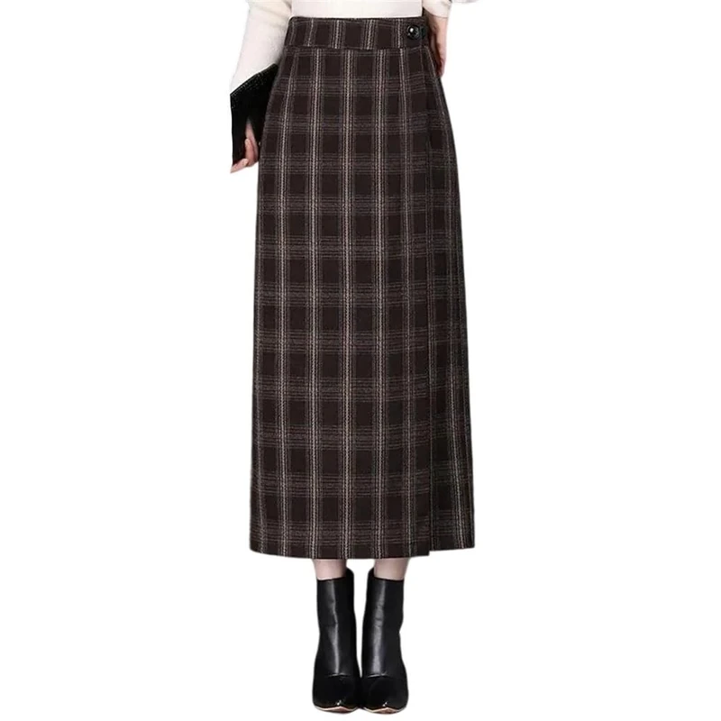 Women's Plaid Woolen Mini Skirt High Waist Thickened A- Line with Back Split Autumn Winter Polyester Fiber Skirt Coffee L