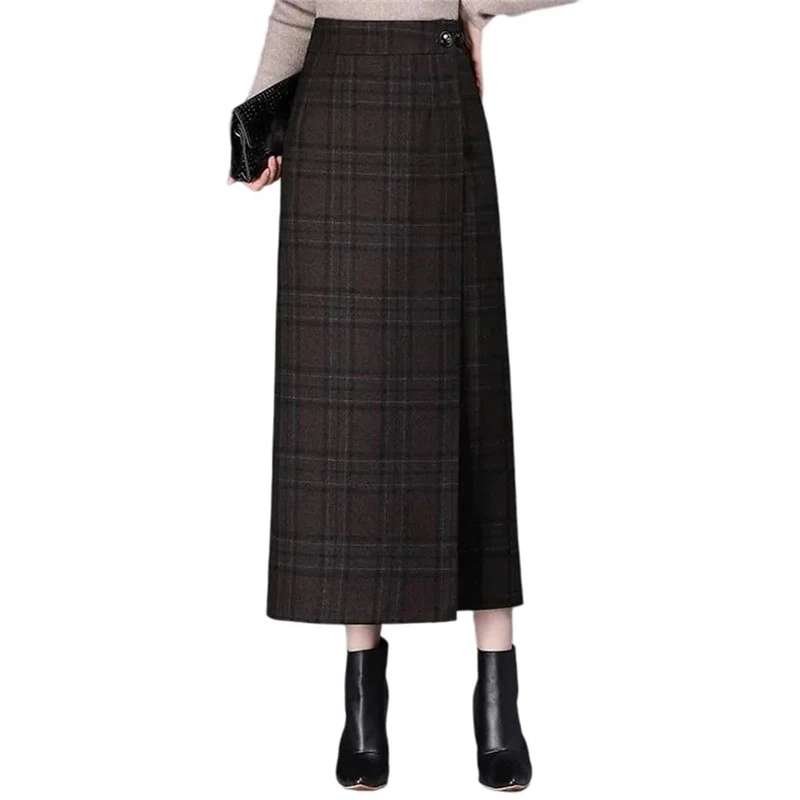 Women's Plaid Woolen Mini Skirt High Waist Thickened A- Line with Back Split Autumn Winter Polyester Fiber Skirt Coffee1 L