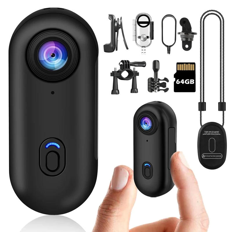 bayehngs 1080P Thumb Action Camera, Wearable Small Body Camera, Tiny Size Hands Free POV Recording Body Worn Camera, Helmet Cam for Cycling, Motorcycle (Accessory Kit Version with 64G Card, Black)