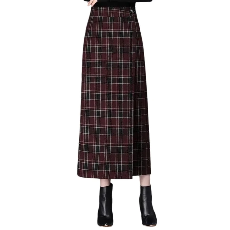 Women's Plaid Woolen Mini Skirt High Waist Thickened A- Line with Back Split Autumn Winter Polyester Fiber Skirt Red L