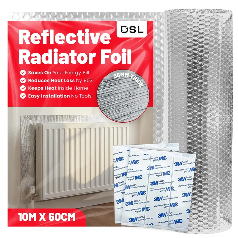 DSL Radiator Reflector Foil 10m x 60cm – 3.6mm Thick Bubble Wrap Insulation Roll – Energy Saving Helps Winter Bills Radiator Foil Reflective Insulation Roll Heat Deflector for Home Heating Efficiency