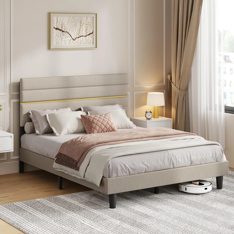 VASAGLE Double Bed Frame, for 135 x 190 cm Mattress, Adjustable Upholstered Headboard, Metal Frame, Wooden Slats, Modern, Cappuccino Beige RMB506LH01