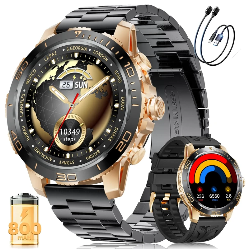 LIGE Smart Watch for Men, Smartwatch with LED Flashlight for Android/iOS, IP68 Waterproof, 300+ Watch Faces, 24/7 Heart Rate/Sleep Monitor, Make/Answer Call, Rose Gold Case with Black Bezel