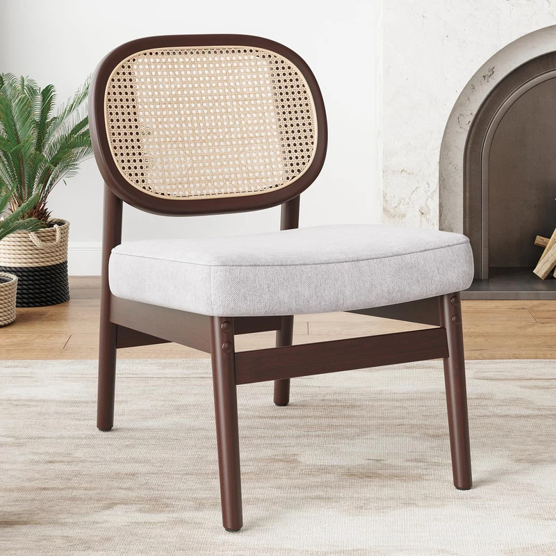 Farini Accent Chair, Upholstered Vintage Chair with Breathable Rattan Backrest, Thickened Cushion, Wooden Modern Chair for Livingroom, Farmhouse, Kitchen Indoor, Beige