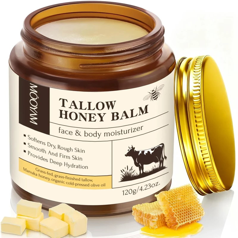 Beef Tallow Skincare, Tallow and Honey Balm Face Body, Beef Tallow Face Cream, Organic Beef Tallow Moisturizer, Whipped Beef Tallow Balm, Grass Fed Beef Tallow for Skin Care 3.2 Oz