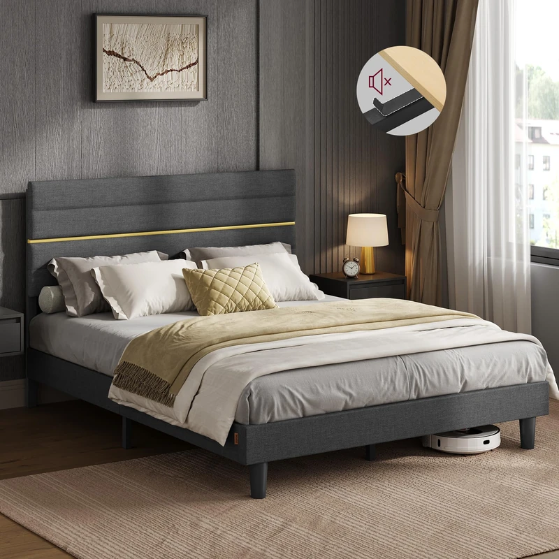 VASAGLE King Bed Frame, for 150 x 200 cm Mattress, Adjustable Upholstered Headboard, Metal Frame, Wooden Slats, Modern, Slate Grey RMB507GN01