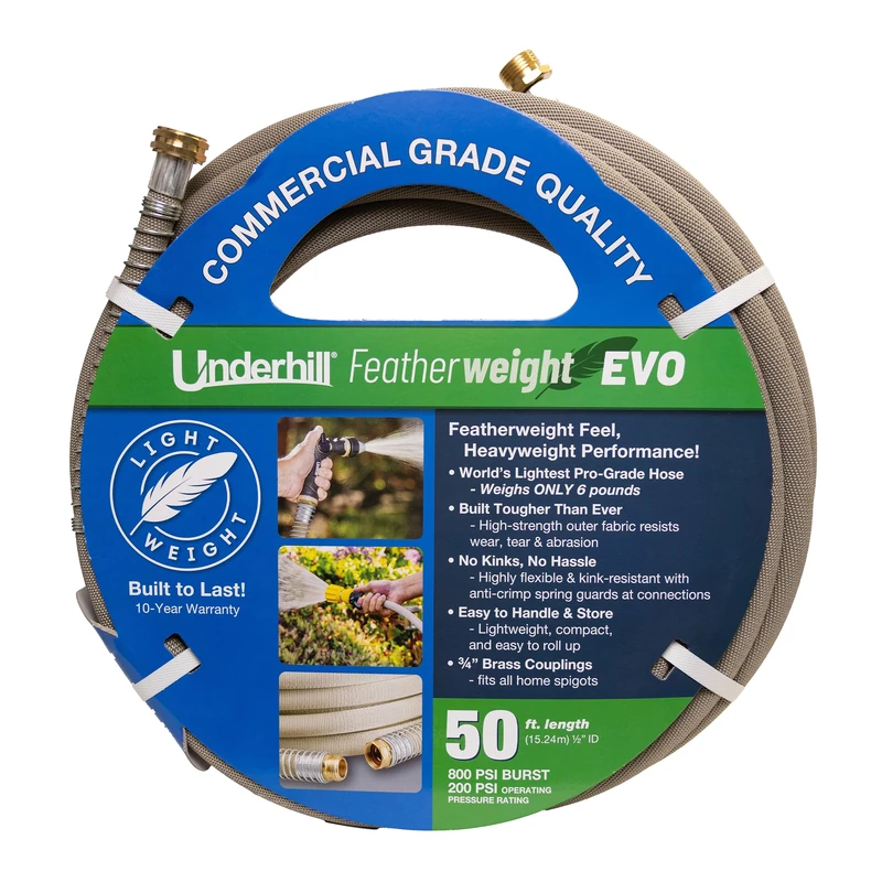 Featherweight EVO Lightweight Fabric Garden Water Hose for Outdoors, Yard, Kink-Resistant, Flexible, Weighs 5 Pounds, 200 PSI Working Pressure, 800 PSI Burst Pressure, 50 ft Long, Tan