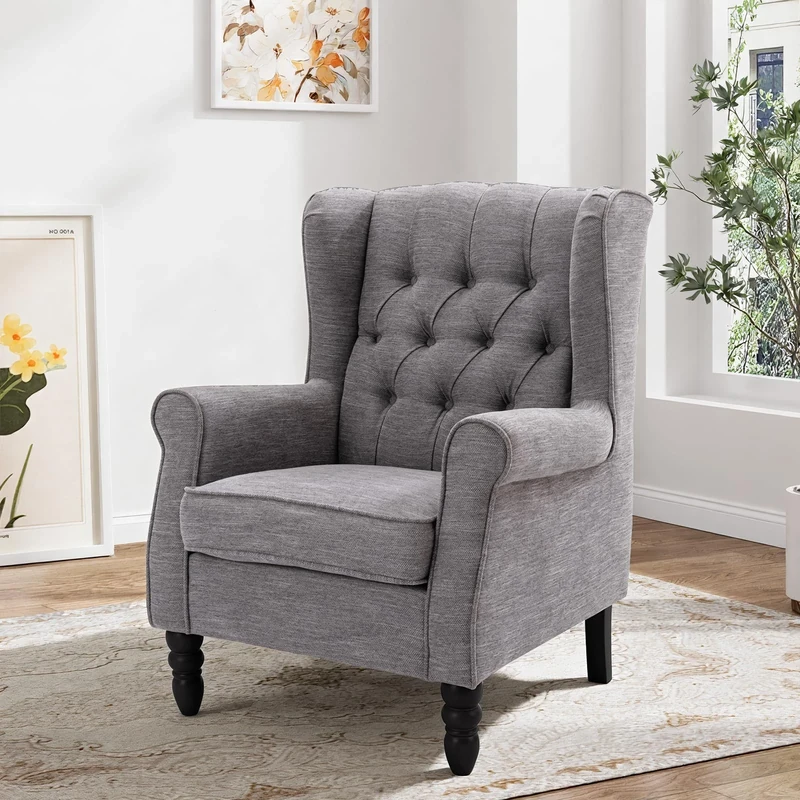 COLAMY Mid-Century Modern Living Room Accent Chair, Button Tufted Wingback with Thick Padded Seat, Upholstered Armchair, Fabric Sofa Arm Chair with Solid Wood Legs for Bedroom/Office/Café,Dark Grey