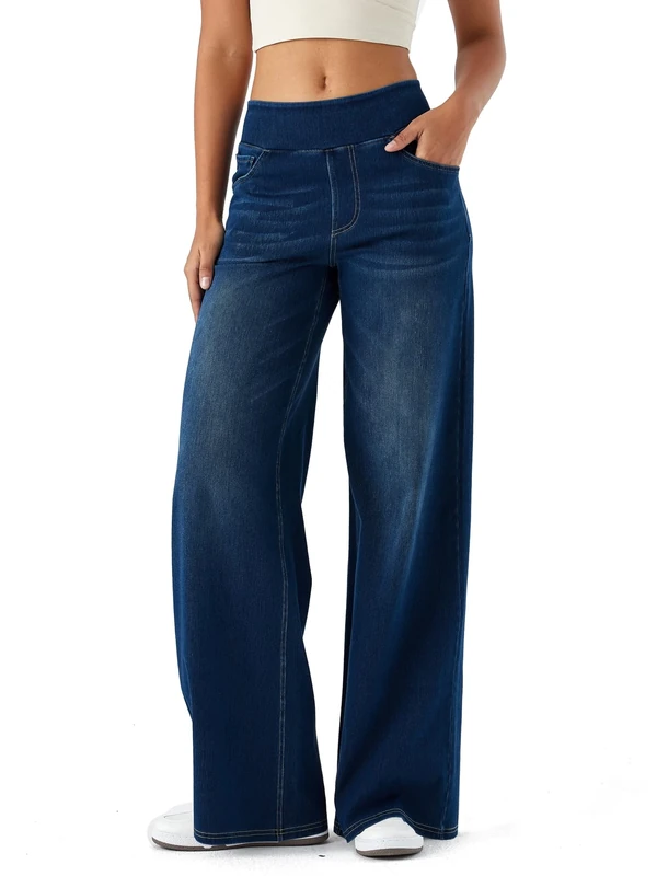 LaiEr Large Denim Wide Leg Pants for Women,High Waisted and Slimming with Multiple Pockets,Straight Tube,Loose fit,Cat Whisker,Marbling wash Craft,High Elasticity Casual Jeans(DarkBlueNostalgicXXL)