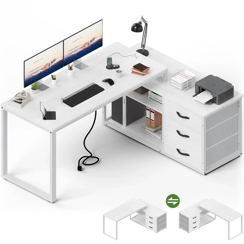 JUMMICO Corner Desk with 3 Drawers, Reversible L Shaped Computer Desk 140x105cm with Extra Storage Space,Office Desks with Power Outlet,Adjustable partition height,White
