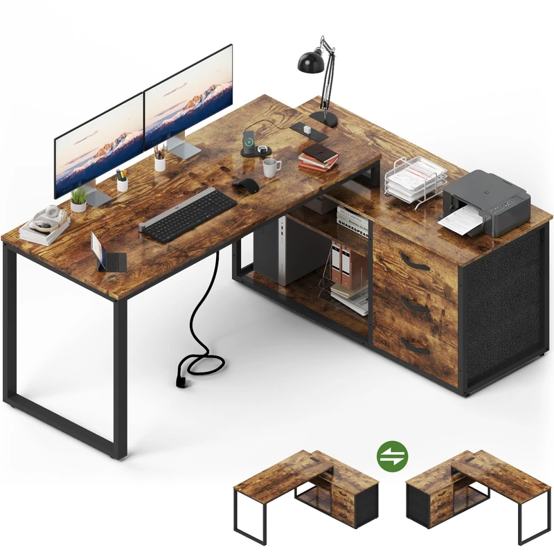 JUMMICO Corner Desk with 3 Drawers, Reversible L Shaped Computer Desk 140x105cm with Extra Storage Space,Office Desks with Power Outlet,Adjustable partition height,Browm