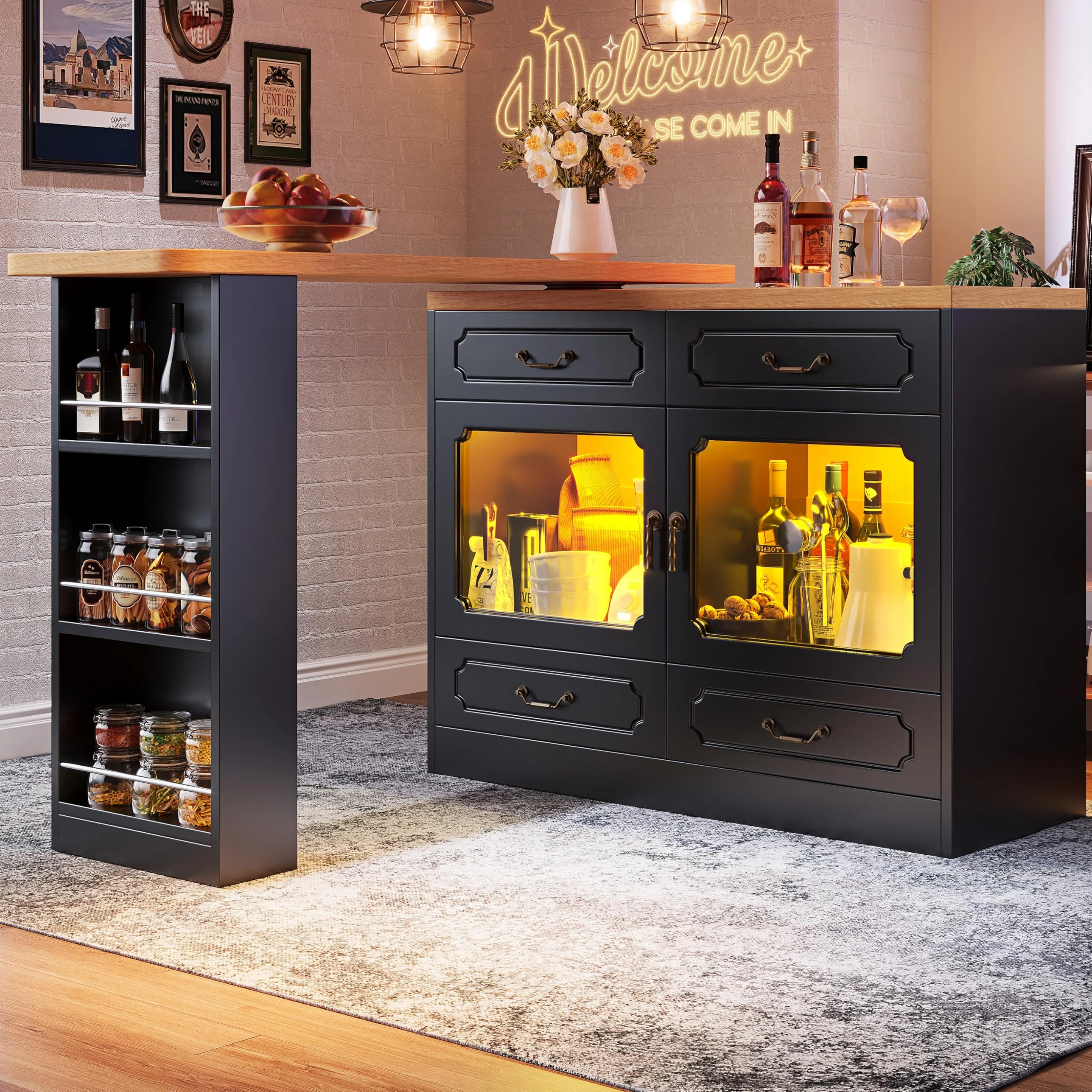 ModernLuxe 360° Rotating Bar Table, Expandable Kitchen Island with Storage, Double Doors with 4 Drawers, 3-tier Open Storage Space, Breakfast Bar Table, Black, 135-203x39x92.8cm