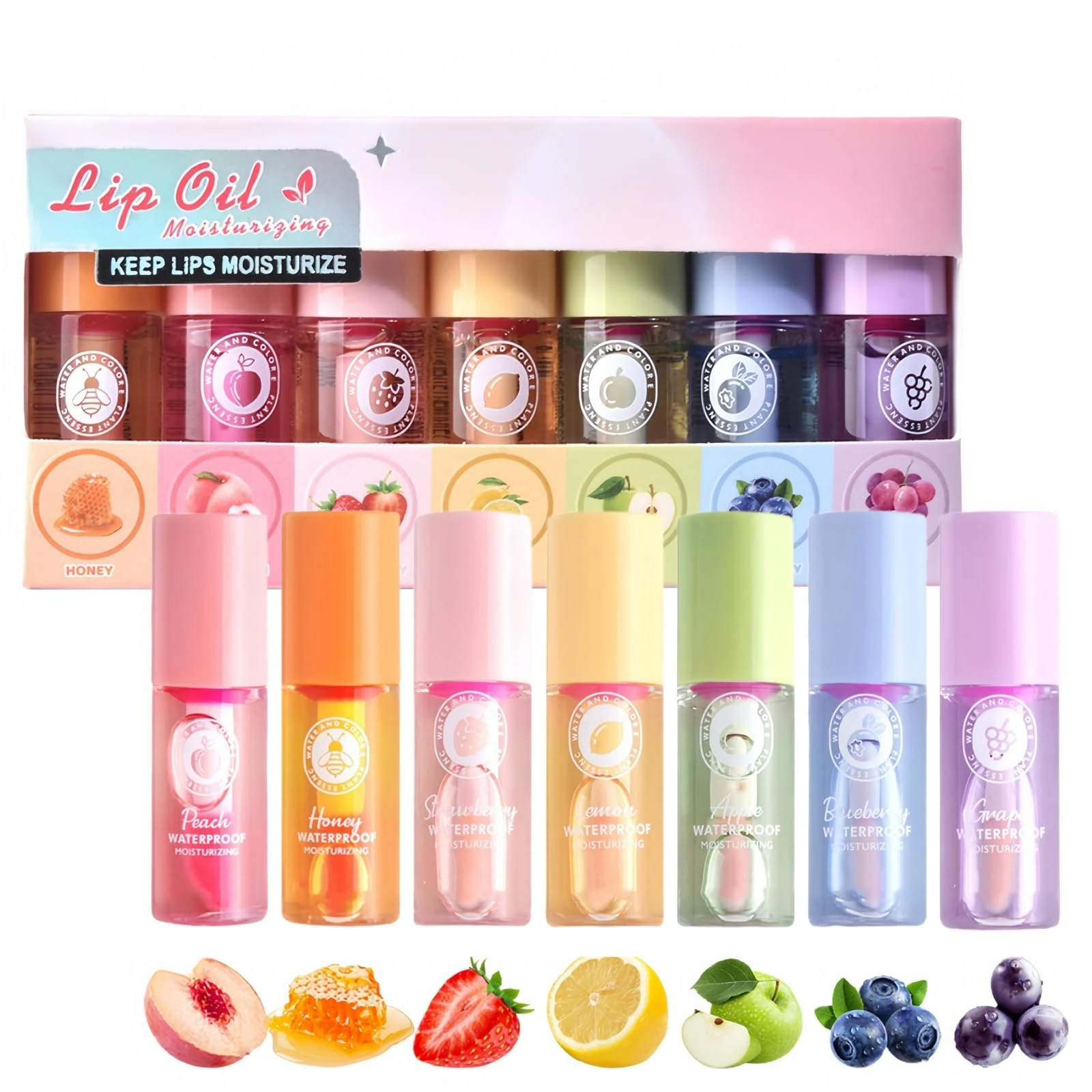 7PCS Hydrating Lip Oil Set,Lip Oils Set Ma/gic Colour Changing Long Lasting Lipgloss,Hydrating Lip Balm Gift Set with Pink Lip Gloss,Glossy Lips Make Up,Lip Plumper for Women,Fruit-Flavored(Daily)