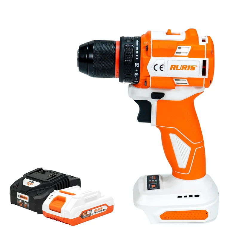 RURIS RMX1260 Cordless Drill Bit 60 Nm, Brushless Motor, 2 Speed, Mandrel 0-10 mm, LED, 5 Screwdriver Bits and 7 Drills + 20 V 2Ah Battery Kit and Charger