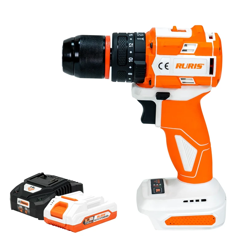 RURIS RMX1360 Cordless Impact Driver 60 Nm, Brushless Motor, 2 Speed, Chuck 0-13 mm, Percussion 30000 BPM, LED, 5 Bits and 7 Drills + 20V 2Ah Battery Kit and Charger