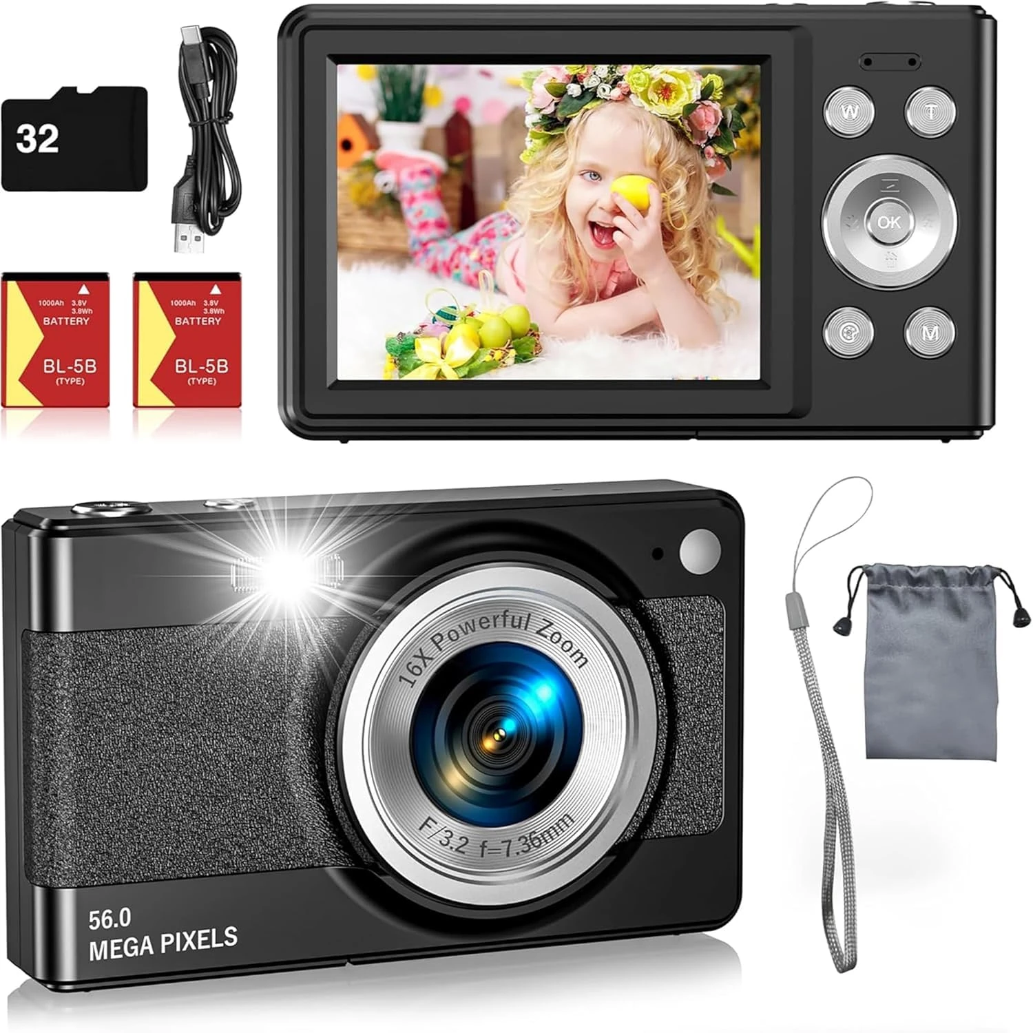 Digital Camera,56MP FHD 1080P Camera for Kids, Point and Shoot with 16X Zoom Anti Shake, Kid Camera with 32GB TF Card, Two Batteries, Lanyard, Compact Portable for Kids Teens Beginners-Black
