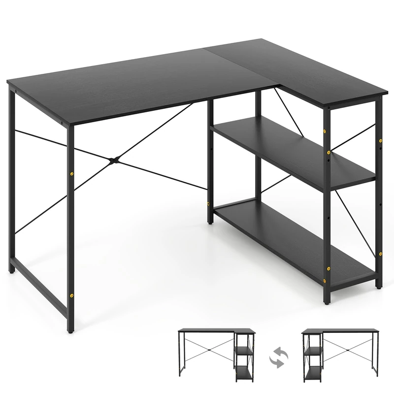 SFAREST L-Shaped Computer Desk, Small Corner Desk with 2-Tier Storage Shelves, Heavy-duty Metal Frame Workstation and Study Gaming Writing Table for Home Office Bedroom(Black,118 x 86 x 74cm)
