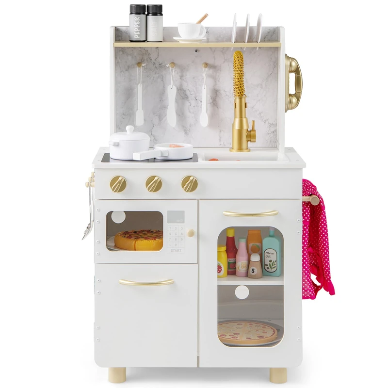 GYMAX Kids Toy Kitchen, Wooden Children Play Kitchen with Stoves, Faucet, Sink, Telephone, Microwave, Oven & Cookware Accessories, Cooking Role Playset for 3 Years Old+