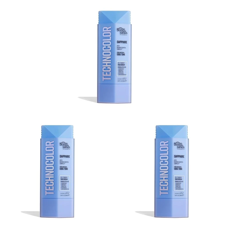 Bondi Sands Technocolor Sapphire Self-Tanning Face Serum, Easy Application, Streak Free Fake Tan – Enriched with Vitamin C & Chamomile 50ml/1.69 Fl Oz (Pack of 3)