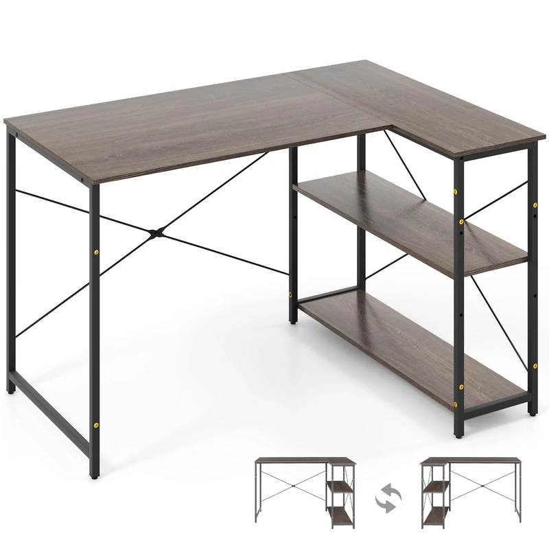 SFAREST L-Shaped Computer Desk, Small Corner Desk with 2-Tier Storage Shelves, Heavy-duty Metal Frame Workstation and Study Gaming Writing Table for Home Office Bedroom(Gray,118 x 86 x 74cm) - Image 1