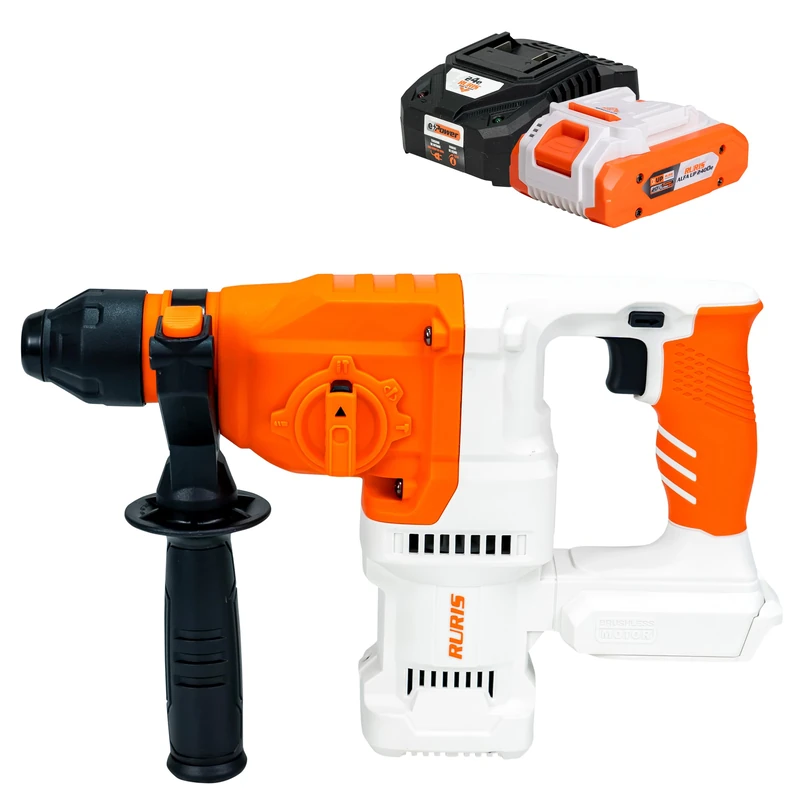 RURIS RMX2813 Cordless Hammer Drill Chuck SDS Plus Drill & Percussion, Chisel, Variable Speed, LED, Drill Bits 8/10/12 mm - 20V 4Ah Battery + Charger Included