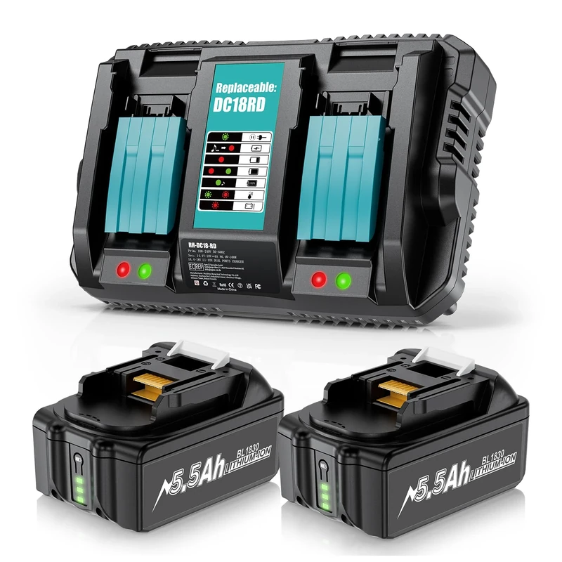 2 x 8.0Ah BL1830B 18V Batteries + 6A DC18RD Dual Port Charger Compatible with Makita Battery 14.4V-18V BL1850 BL1830 BL1860 BL1840 and DC18RD DC18RC DC18SF DC18RCT DC18RF Charger, Cordless Power Tool