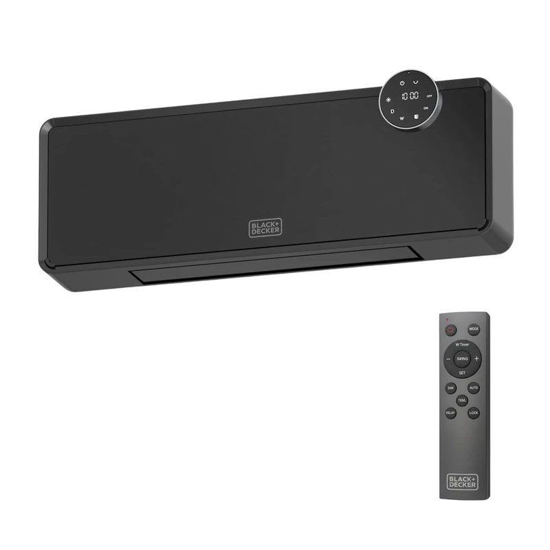 Black+Decker – Ceramic heater BXWSH2001E | 2000W | Adjustable thermostat | 24h timer | Remote control | LED screen | PTC | Autom. oscillation | Wall bracket | Black