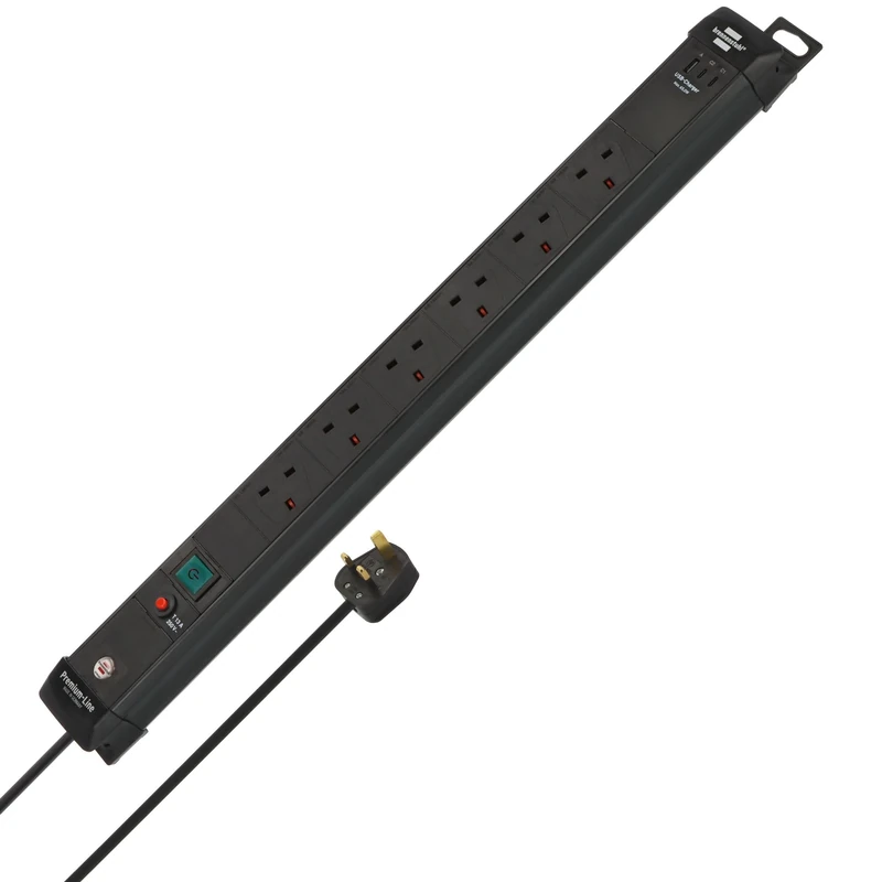 Brennenstuhl Premium-Line 6-way Power Strip with 2x USB C PD 65W and USB A 18W (Made in Germany, Extension Lead with switch, 3m cable and Safety Fuse Button, Power Extension for wall mounting) black