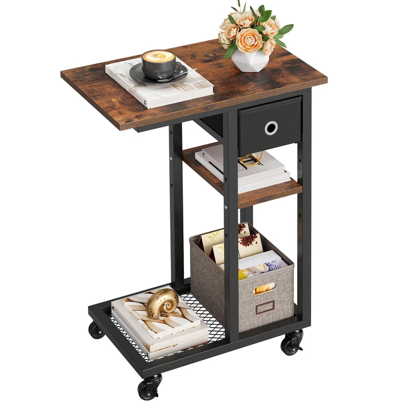 YITAHOME C-Shaped End Table, Slim Sofa End Table with Fabric Drawer, Open Compartments and Lockable Wheels, Movable Side Table Workstation for Small Spaces, Living Room, Bedroom, Rustic Brown