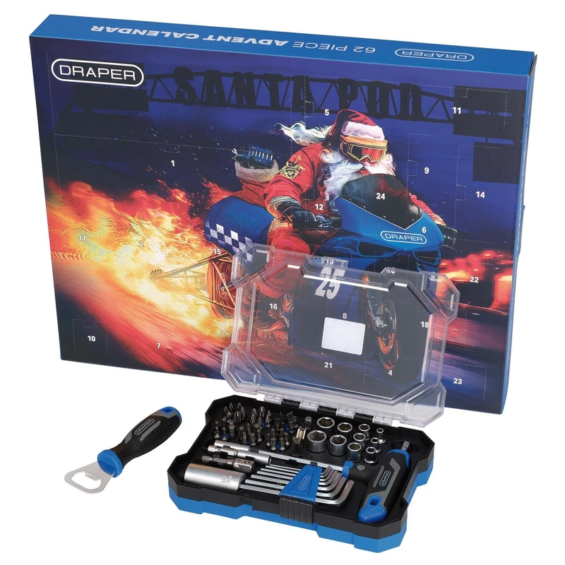Draper 62 Piece Tool Set Advent Calendar 2025 - Limited Edition Christmas Gift for DIY, Car & Motor Enthusiasts - 24 Day Xmas Countdown with Sockets, Screwdriver Bits, Hex Keys & Storage Case