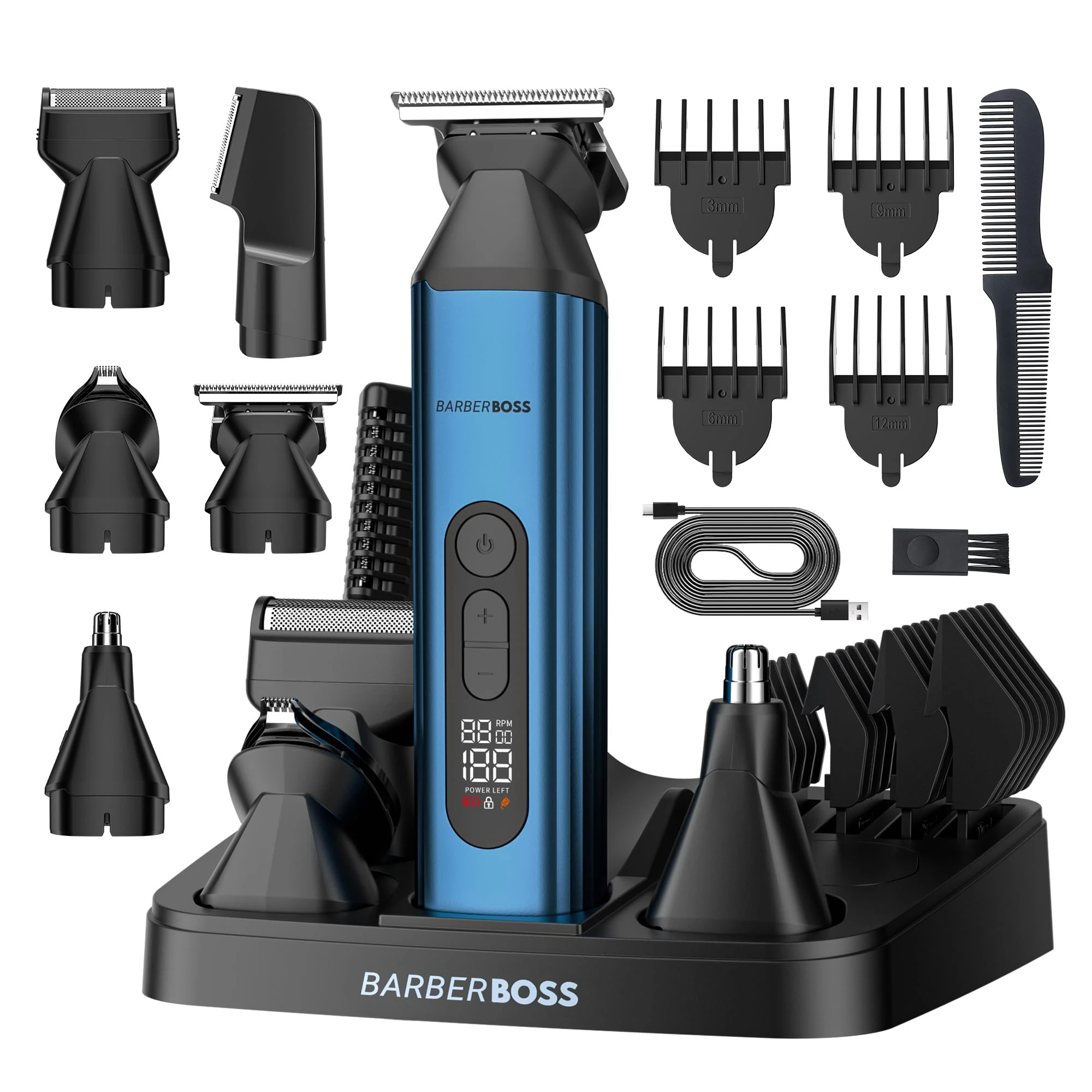 BarberBoss 5-in-1 Beard Trimmer for Men, Hair Clipper, Body Groomer, Nose & Ear Trimmer, Men’s Grooming Kit, Cordless Rechargeable Clippers, Men’s Grooming Set, QR-6020