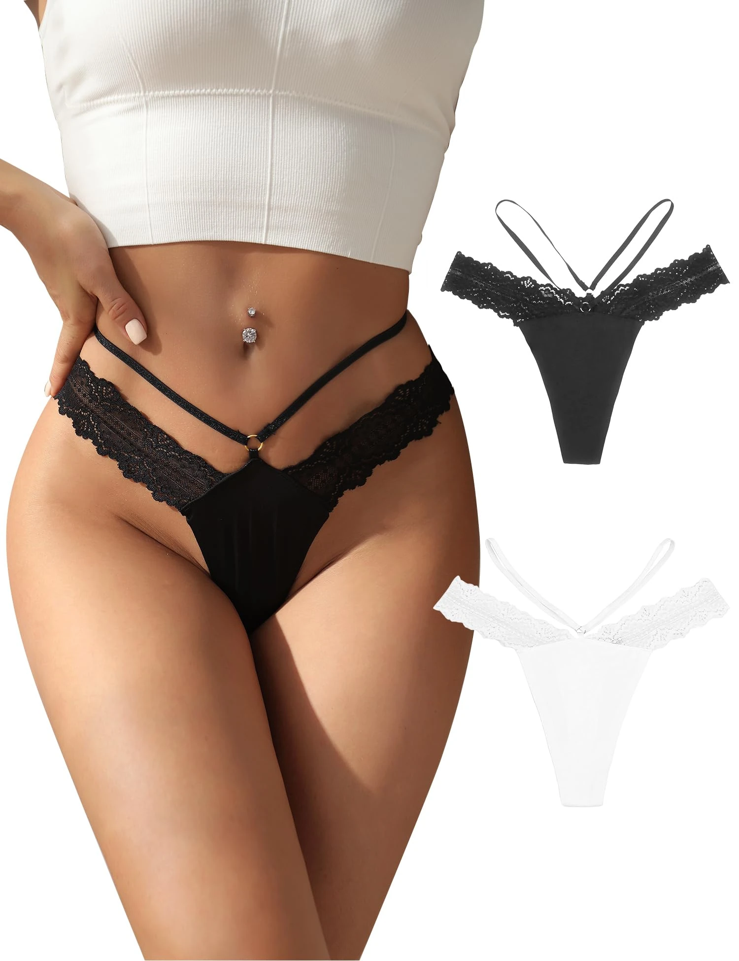 ohmydear Women G-Strings Lace Thongs Multipack Sexy Panties Seamless Knickers High Leg Strappy Underwear Plus Size T Back Tanga Ladies Micro Bikini, UK 10