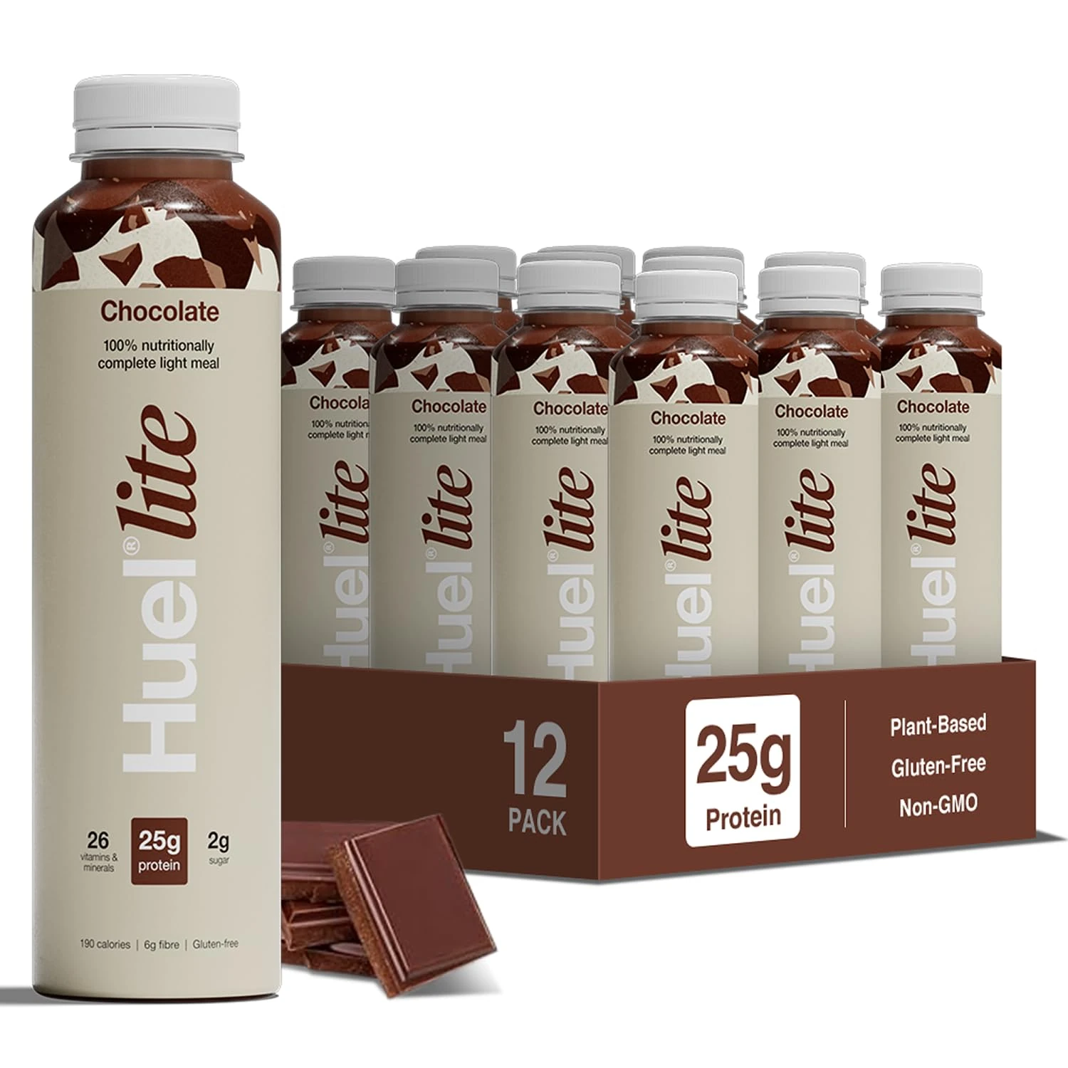 Huel Lite Ready to Drink, 12 x 500ml Bottles, 25g Chocolate Flavour Protein Shake, 190 Calories Meal Replacement Shake, Low Sugar, High Fibre, Vegan Protein Drinks with 26 Vitamins & Minerals