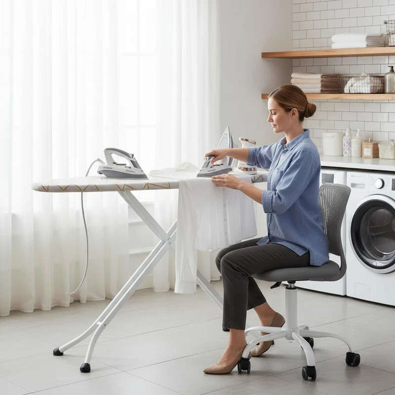 FurnitureR Ironing Chair,Ergonomic Backrest,Comfortable and Flexible Five Rollers,Free Movement During Ironing,Simple and Stylish Design,Suitable for Ironing Rooms,Grey - Image 1