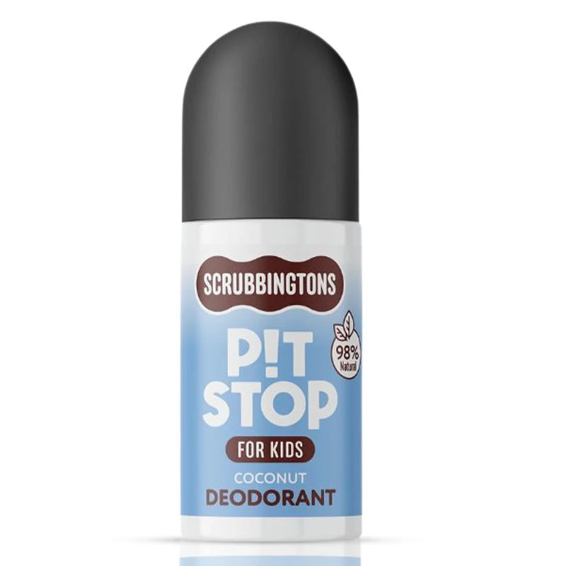 Scrubbingtons Pit Stop Kids Deodorant Natural Roll On For Children, Teens. Made in UK, 98% Natural Ingredients For Sensitive Skin. Paediatrician approved, Aluminium & Alcohol Free, Coconut, 75ml - Image 1