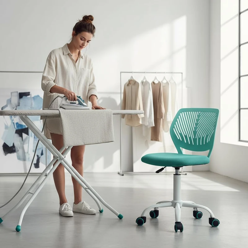 FurnitureR Ironing Chair,Ergonomic Backrest,Comfortable and Flexible Five Rollers,Free Movement During Ironing,Simple and Stylish Design,Suitable for Ironing Rooms,TURQUOISE