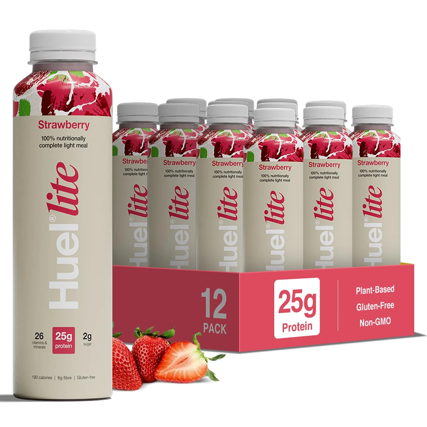 Huel Lite Ready to Drink, 12 x 500ml Bottles, Strawberry Flavour 25g Protein Shake, 190 Calories Meal Replacement Shake, Low Sugar, High Fibre, Vegan Protein Drinks with 26 Vitamins & Minerals