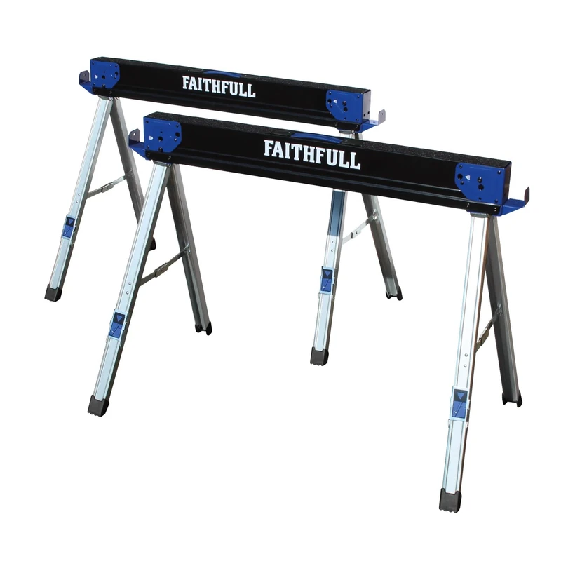 Faithfull Folding Sawhorse Pair – High-Grade Steel Saw Horse Twin Pack with 1000kg Capacity, Anti-Slip Surface, Removable Brackets, Support Arms & Carry Handle for Workbench, Cutting, Sanding, Planing