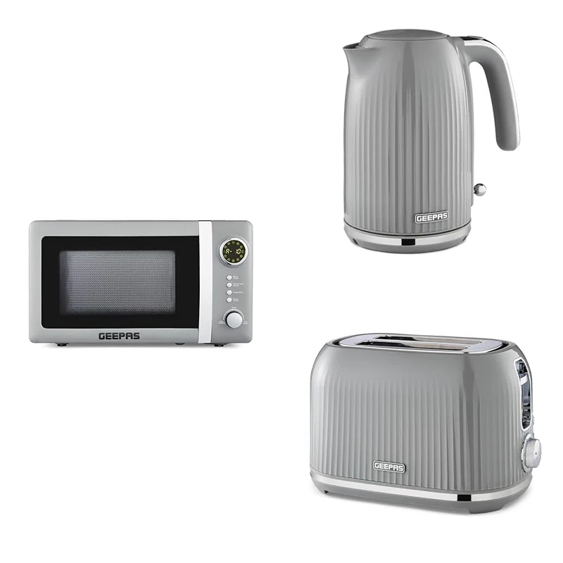 Geepas Microwave, Electric Kettle & 2 Slice Bread Toaster Kitchen Set | 00W Digital Microwave 20L | 3000W 1.7L Textured Cordless Kettle | 2 Slice Toaster with 7 Level Browning Control, Grey