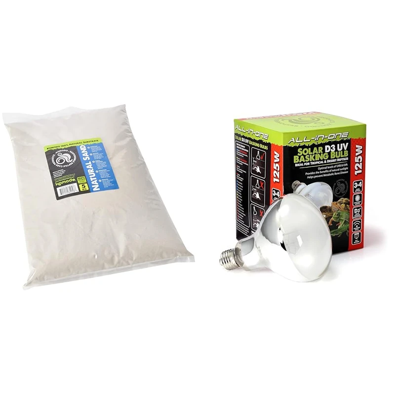 Komodo Natural Sand & Solar D3 UV Basking Bulb 125W – Complete Reptile Habitat Substrate and Lighting Bundle