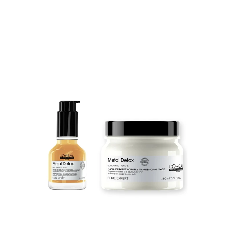 L’Oréal Professionnel Metal Detox Hair Mask 150ml & Hair Oil 50ml, prevent damaged hair and colour fade from hard water, heat protection & shine